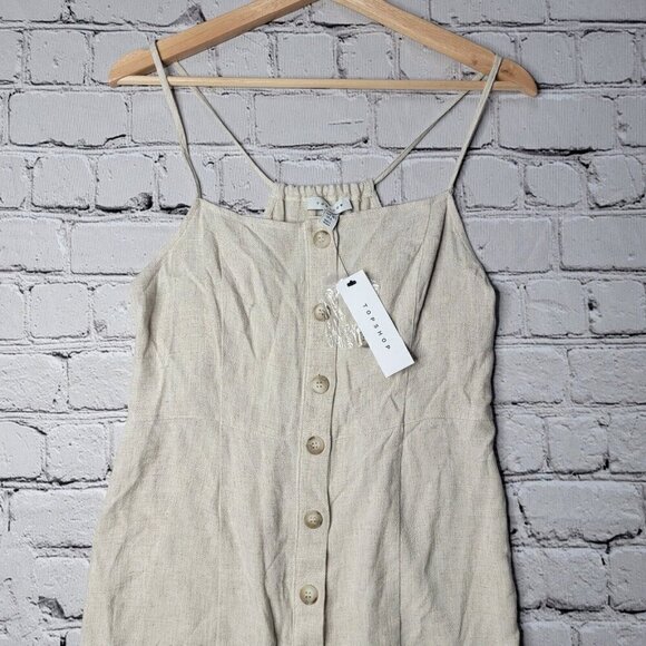 Topshop Beige Tan Linen Blend Button Accent Sleeveless Dress NWT Size US 6 - Picture 2 of 13